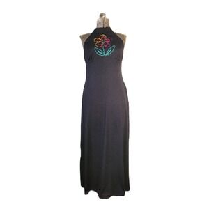 Vintage 60s 70s Mod Hippy Halter Maxi Dress Black Rainbow Flower Size S/M‎ Y2K